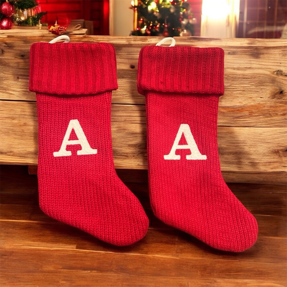Red Knit Christmas Stockings letter A